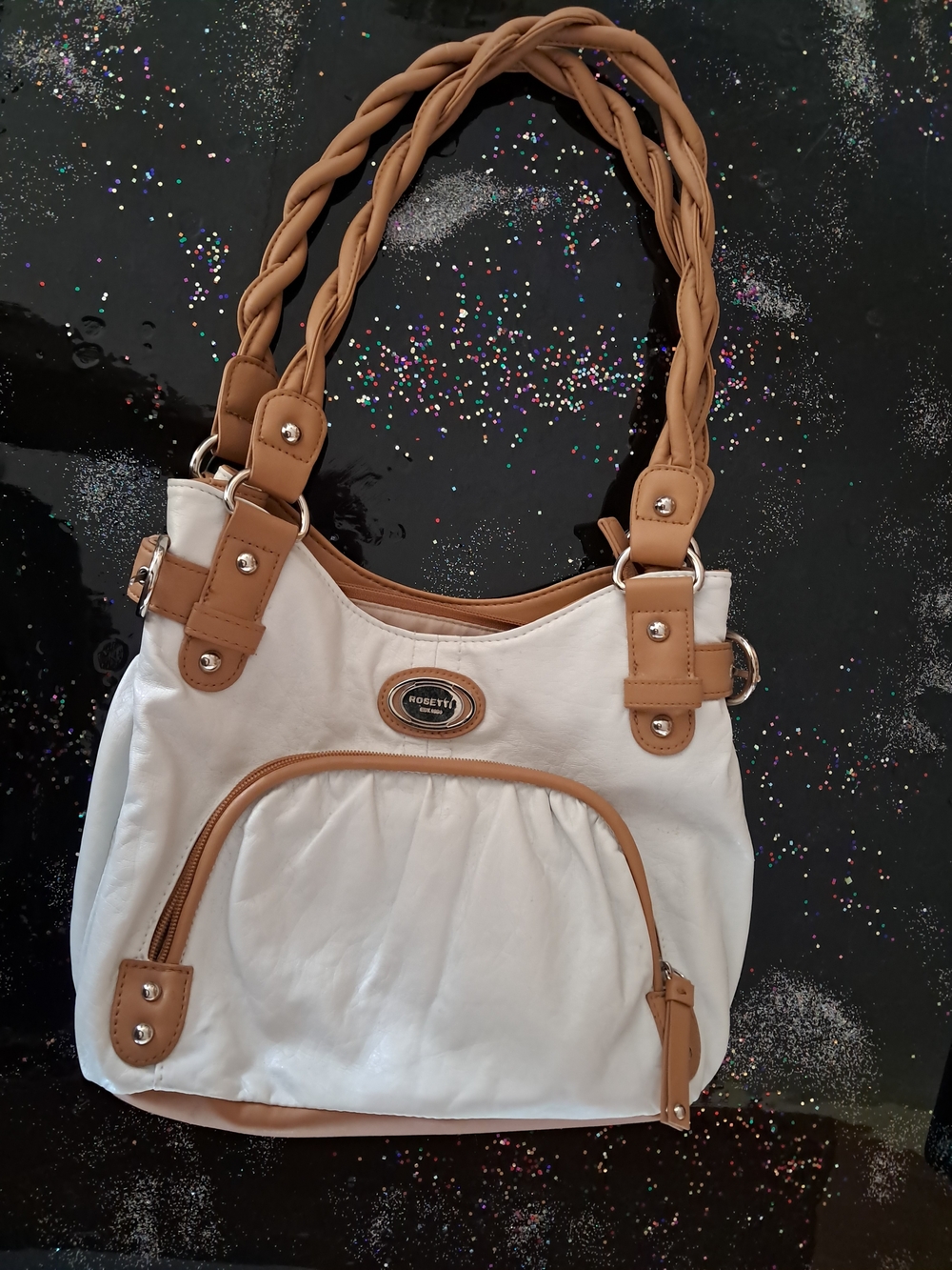 Rosetti White and Tan Braided-Handle Shoulder Tote